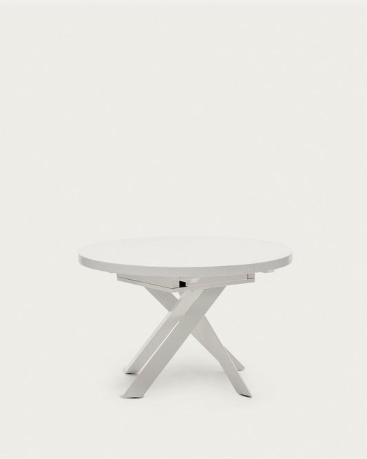 Vashti round extendable table made of glass and MDF with steel legs in white color, Ø 120(160)x120cm