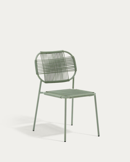 Talaier stackable outdoor chair in synthetic rope and galvanised steel with turquoise finish