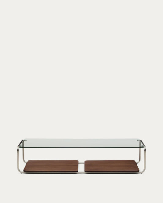 Tarsel coffee table in tempered glass with walnut veneer tray and brushed steel structure 140x60 cm