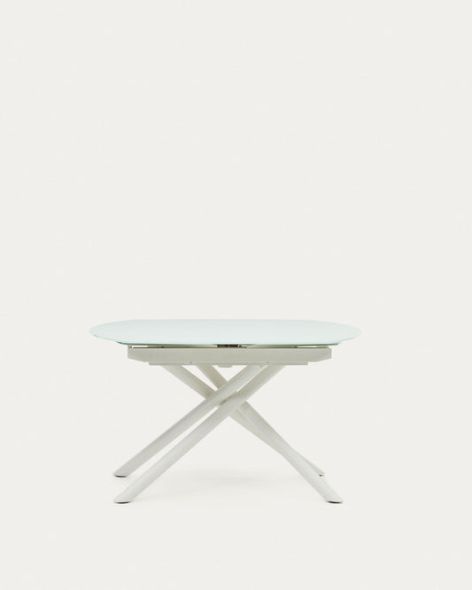Yodalia round extendable table made of glass and MDF with steel legs in white, 130 (190) x 100 cm