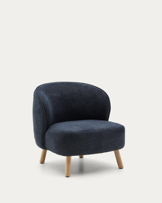 Molded armchair in blue-grey chenille with solid beech legs in a natural finish