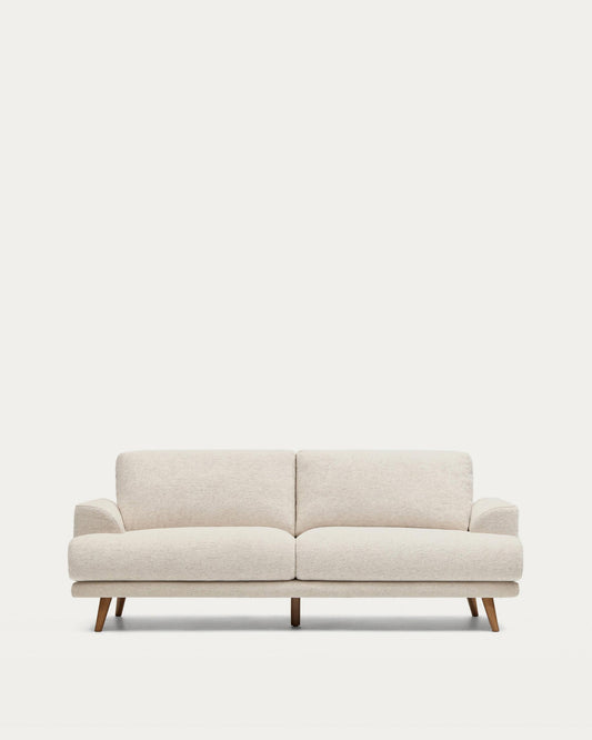 Karin sofa dvosed u bež ženil tkanini, sa nogarima od masivnog bukovog drveta u završnoj obradi ton oraha, 211 cm.
