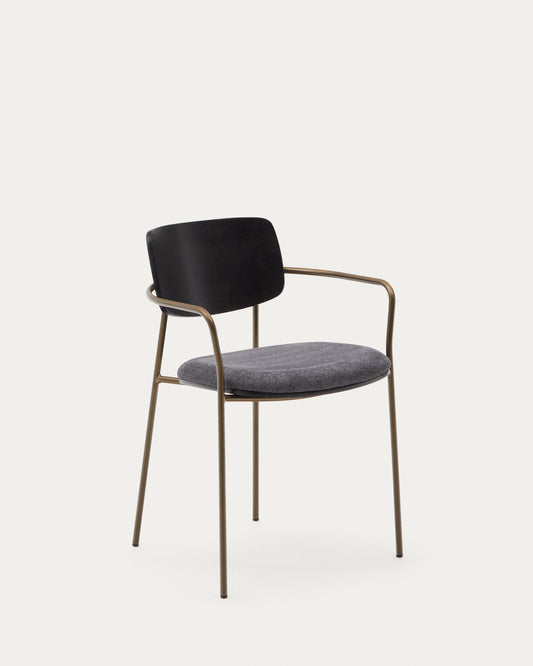 Maureen stacking chair in poplar plywood with dark tone finish and metal with brass finish, 100% FSC