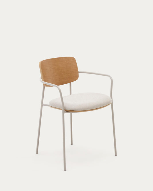 Maureen stacking chair in poplar plywood with light tone finish and beige metal legs, 100% FSC