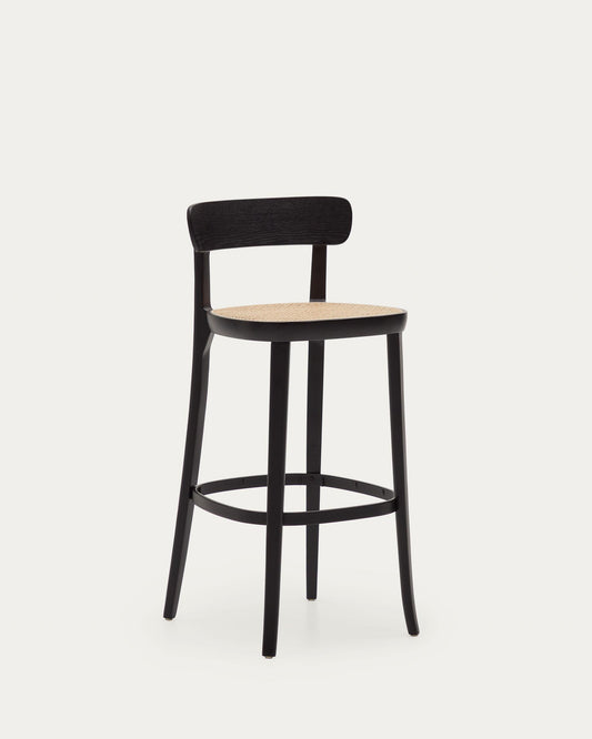Romane chair in beech wood with black finish, ash veneer and rattan seat height 75 cm