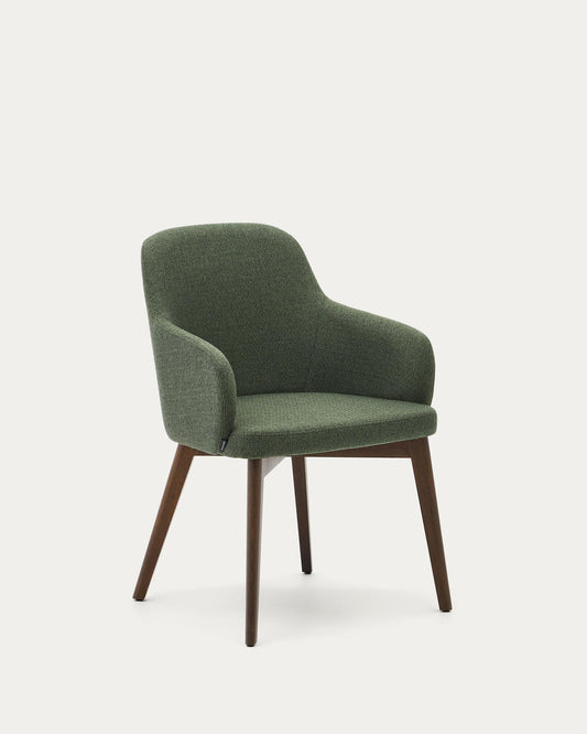 Nelida chair in green chenille and solid beech wood in walnut color FSC 100%