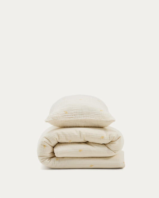 Dorani bedding set with duvet and pillowcase made of double gauze cotton with embroidered details, for a bed of 70 cm