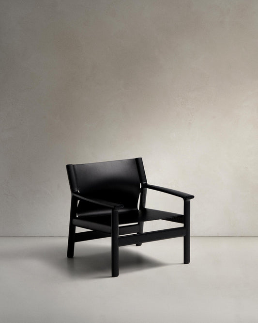 Jan armchair in black recycled leather fiber and FSC 100% solid ash wood with black finish