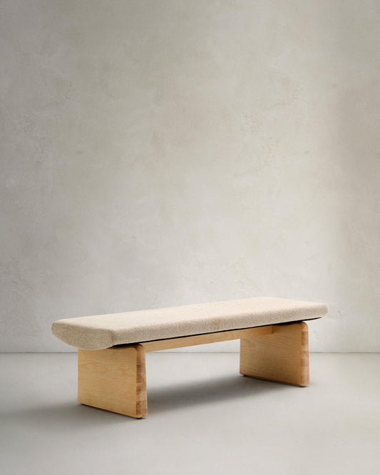 topaz bench in beige chenille and FSC 100% solid ash wood in natural finish, 150 cm