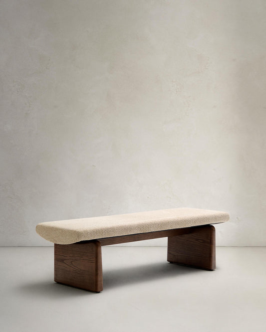 topaz bench made of beige chenille and FSC 100% solid ash wood in walnut color, 150 cm