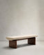 topaz bench made of beige chenille and FSC 100% solid ash wood in walnut color, 150 cm