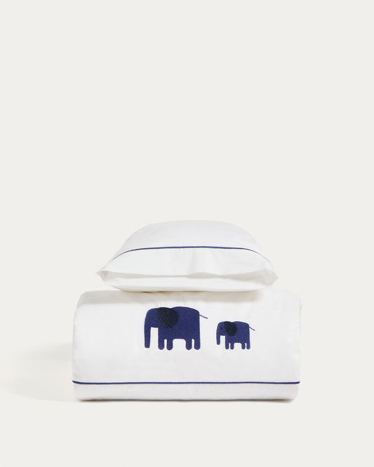 Tandari bedding set with duvet and pillowcase in beige cotton percale with embroidered elephant, for bed 70 cm