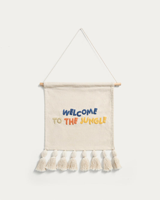 Tandani beige cotton wall decoration with multicolored letters and fringes, 40 x 50 cm