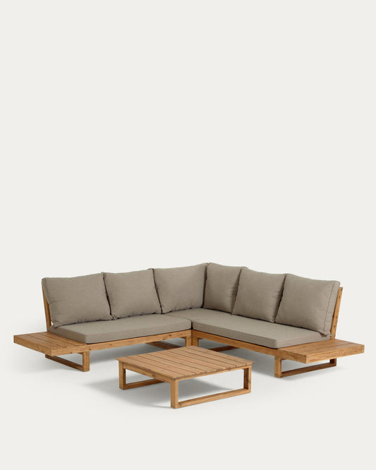 Flavia's 5 seater corner sofa in solid acacia wood with table