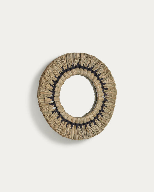 Akila round mirror made of green natural fibers and black cotton cord, 40 cm