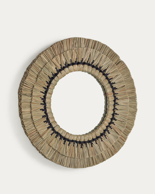 Akila round mirror made of beige natural fibers and black cotton cord, 60 cm