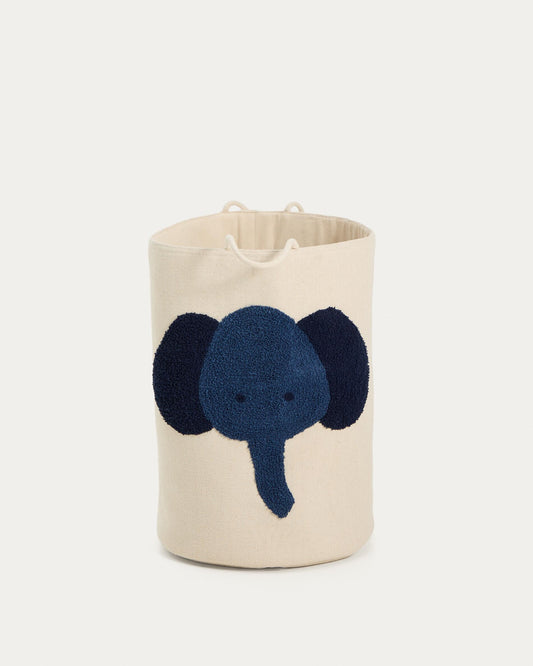 Tandani beige cotton basket with blue elephant, 50 cm