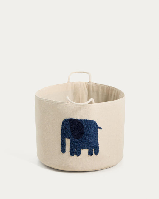 Tandani beige cotton basket with blue elephant, 30 cm