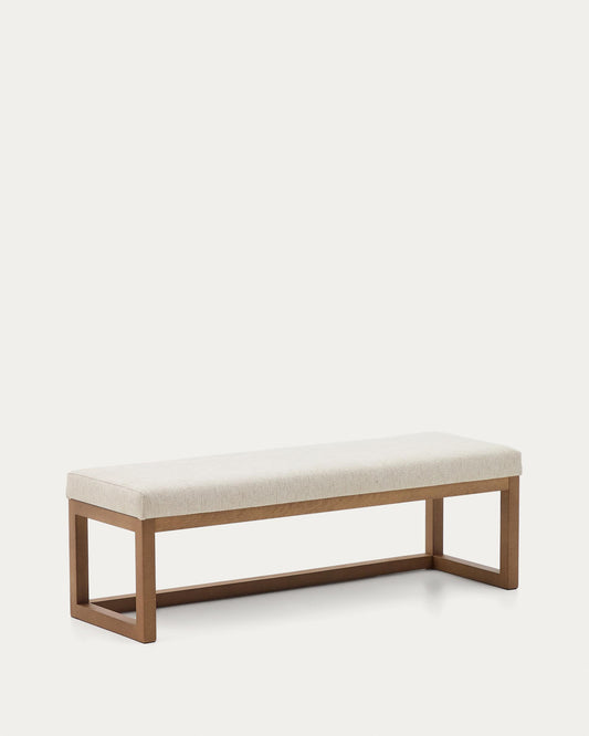 Loya bench in beige chenille and beech wood with walnut finish 128 cm