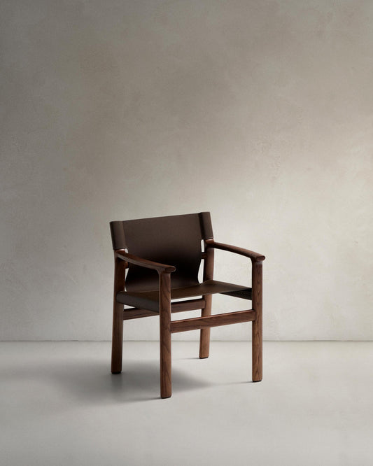 Jan chair in dark brown recycled leather fiber and FSC 100% solid ash wood with walnut finish