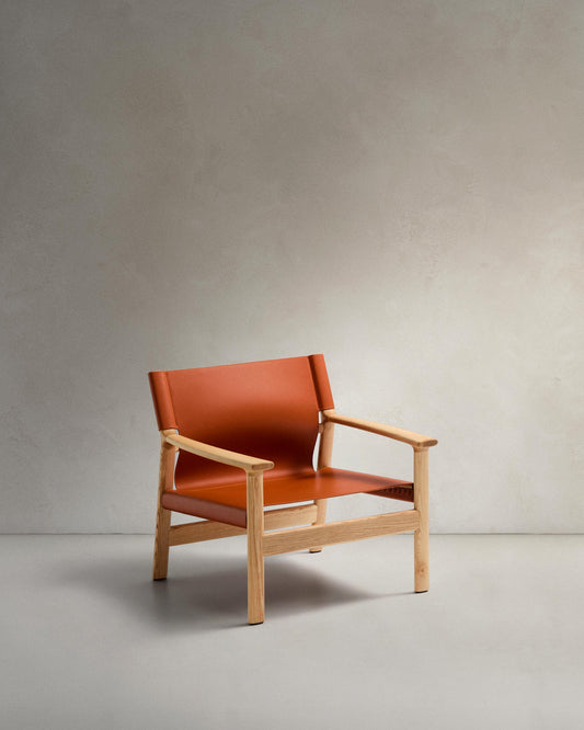 Jan armchair in light brown recycled leather fibers and FSC 100% solid ash wood with a natural tone finish