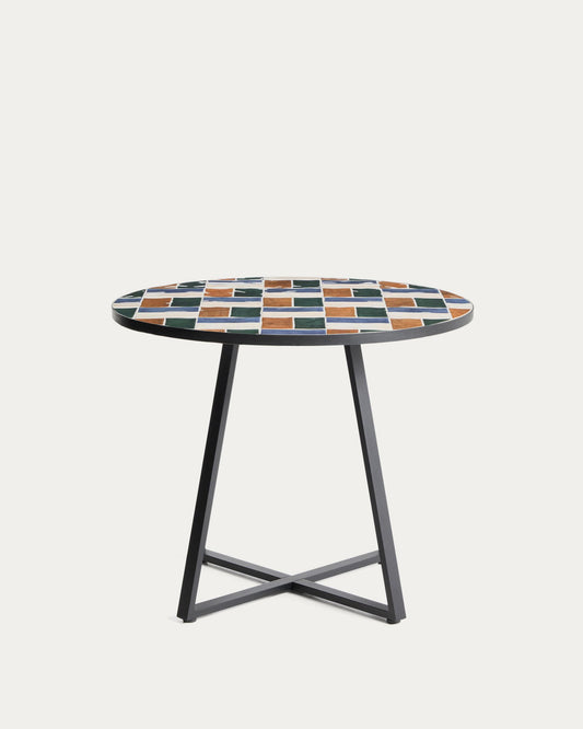 Tella round table made of graphite galvanized steel and multicolored tiles Ø90 cm