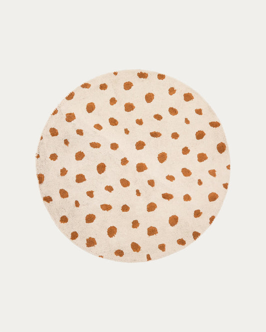 Tandani beige round cotton rug with orange cheetah design, Ø 100 cm