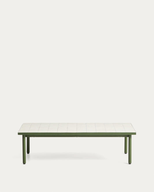 Maura's coffee table made of green galvanized steel structure and off-white tiles 122 x 61 cm