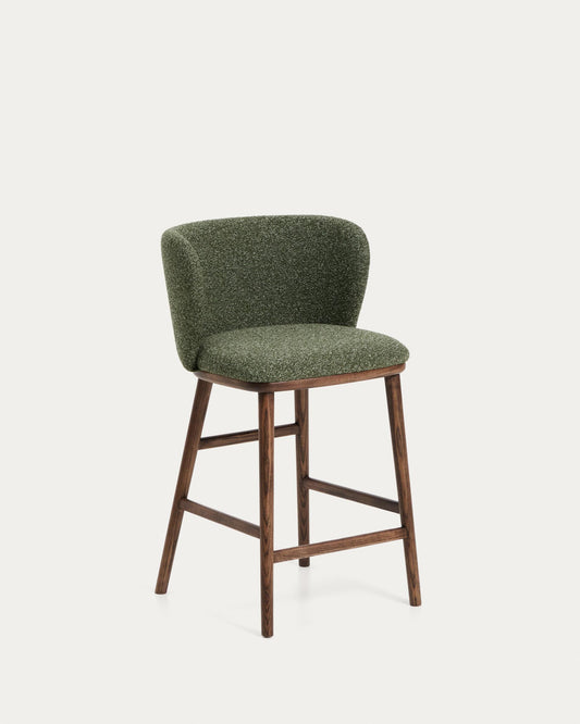 Ciselia stools in dark green thick chenille with solid ash legs, walnut finish, FSC, 65 cm