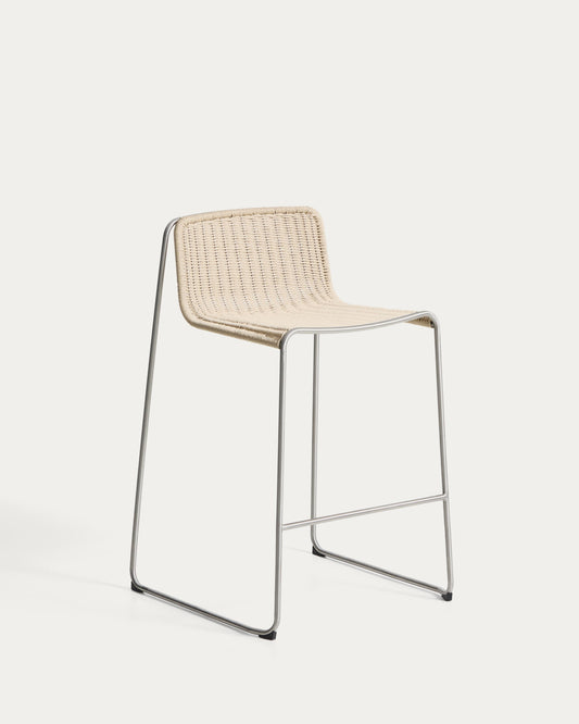 Stackable Tavari bar stool made of beige synthetic rope and AISI 304 stainless steel with brushed effect, height 75 cm
