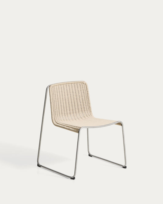 Tavari folding chair in beige synthetic rope and stainless steel AISI 304 with brushed effect