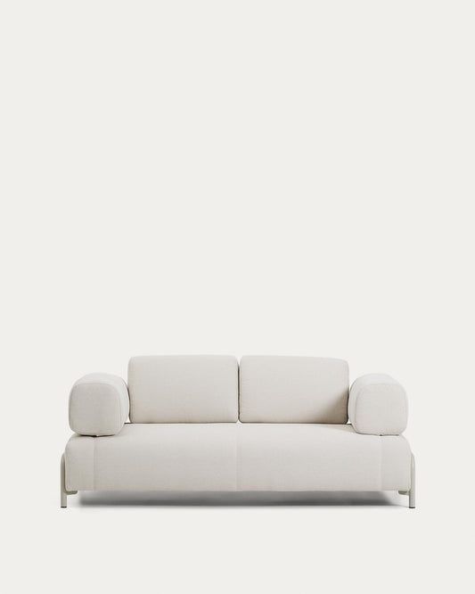 Compo two-seater sofa in ecru chenille fabric with beige metal frame, length 200 cm, FSC Mix Credit certified.