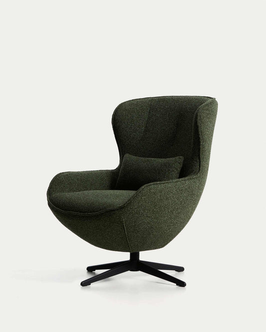 Sorile swivel armchair in dark green chenille and steel with black finish FSC 100%