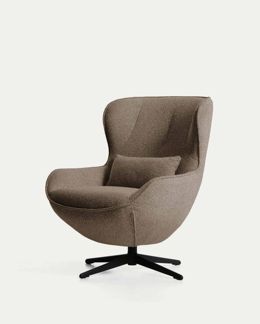 Sorile swivel armchair in brown chenille and steel with black finish FSC 100%