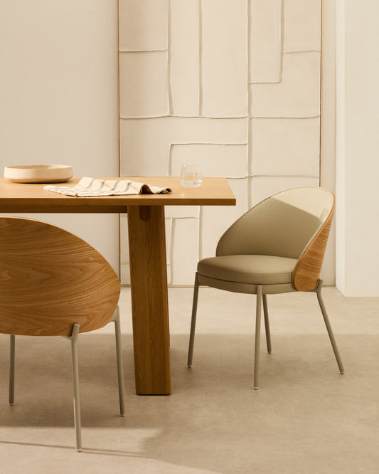 Eamy chair in beige polyurethane, ash veneer with natural finish and beige metal