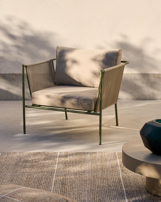 Zivia outdoor armchair in ecru rope and green galvanized steel