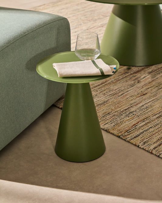 Wilshire side table with frosted tempered glass and matte green painted steel finish Ø30cm