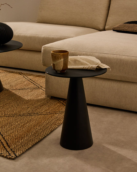 Wilshire side table with frosted tempered glass and steel with matte black painted finish Ø35cm