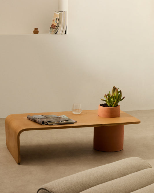 Olaria terracotta coffee table with oak veneer in natural finish, 110 x 60 cm