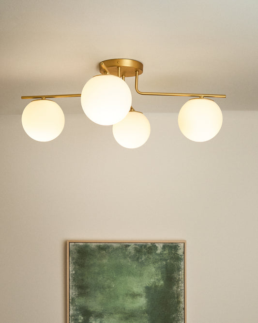 Brisia metal ceiling lamp with brushed brass finish and 4 matte glass balls Ø15cm