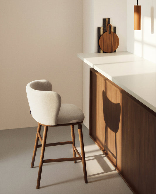 Ciselia stool in beige thick chenille with solid ash legs with walnut finish FSC Mix Credit 65 cm