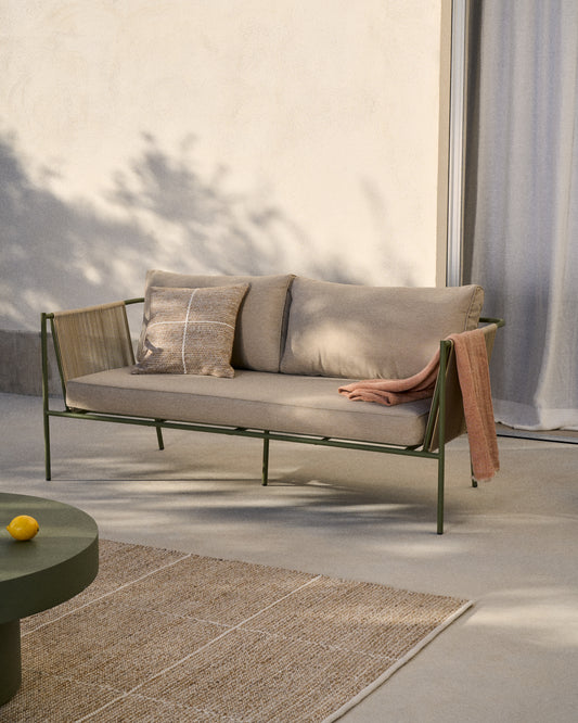 Zivia outdoor sofa with 3 seats in ecru rope and green galvanized steel 178cm