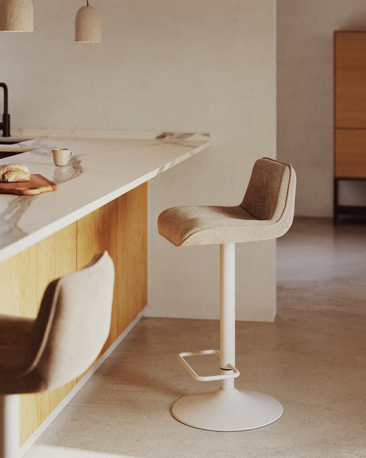 Zenda chair in beige chenille and matt white steel 81-102 cm FSC 100%