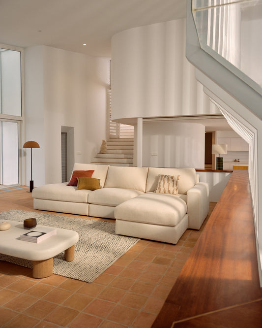 Alea ecru chenille 5-seater modular sofa with right chaise longue and cover 340cm