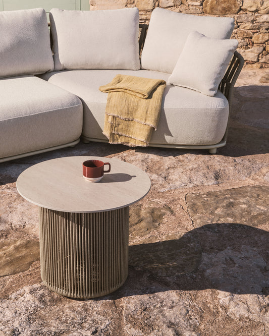 Side table for outdoor space Orosei made of sintered stone, aluminum and rope in natural color Ø 55 cm