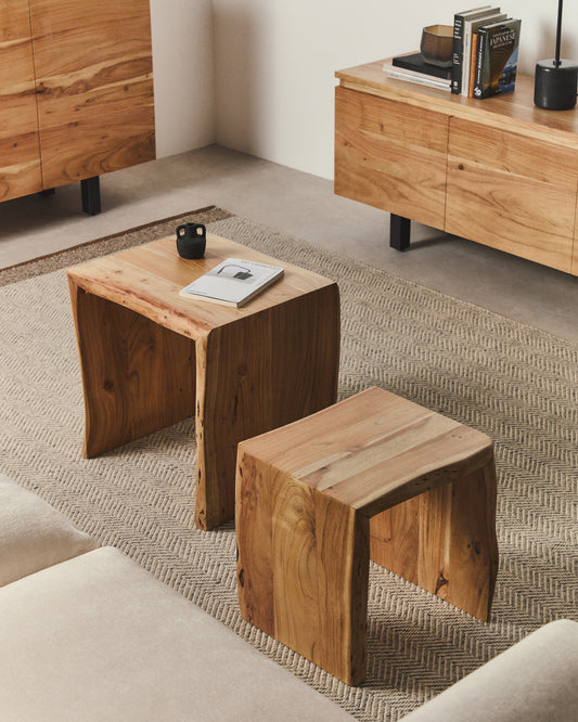 Lomiri set of 2 paired coffee tables in solid acacia with bleached finish 50 x 42 cm / 34 x 42 cm