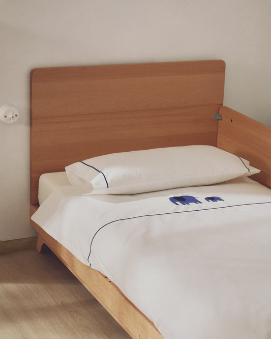 Tandari bedding set with duvet and pillowcase in beige cotton percale with embroidered elephant, for bed 70 cm