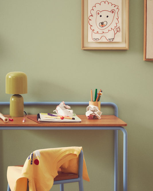 Tin veneer desk with blue metal construction, 82 x 45 cm