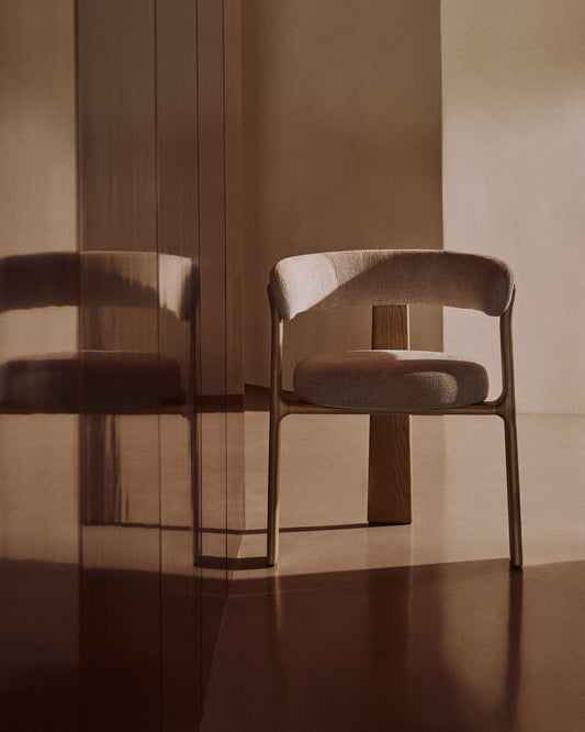 Granite chair with 3 legs in beige chenille and solid ash wood in natural finish FSC 100%