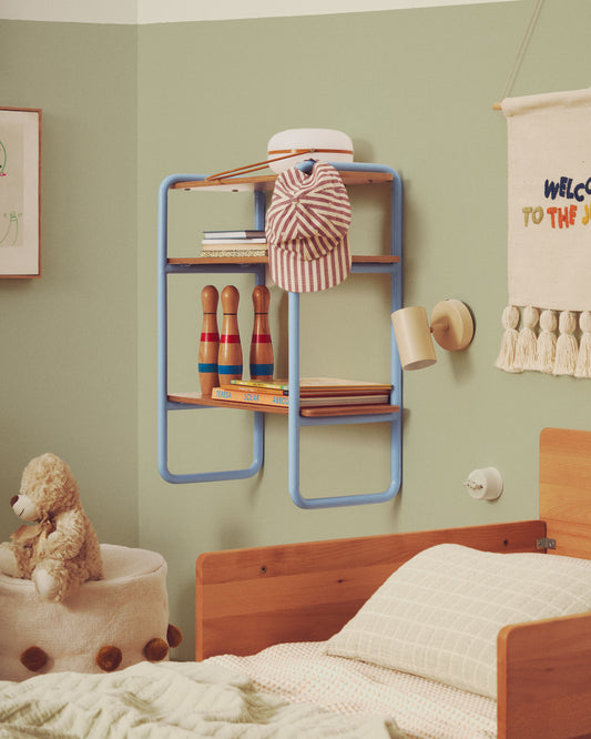 Pewter veneer shelf with blue metal construction, 70 x 60 cm